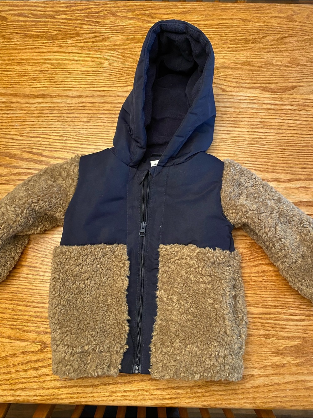 Kids Hooded Two-Tone Puffer Jacket in Navy and Brown